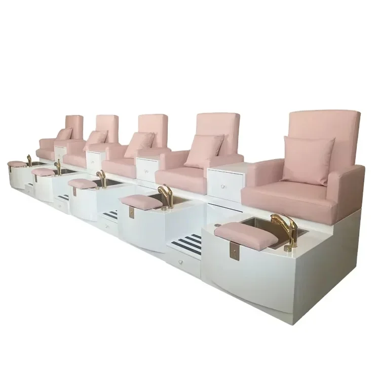 Silla de pedicura con chorro de hidromasaje, sillón de terciopelo rosa ligero de lujo para salón de belleza y pedicura