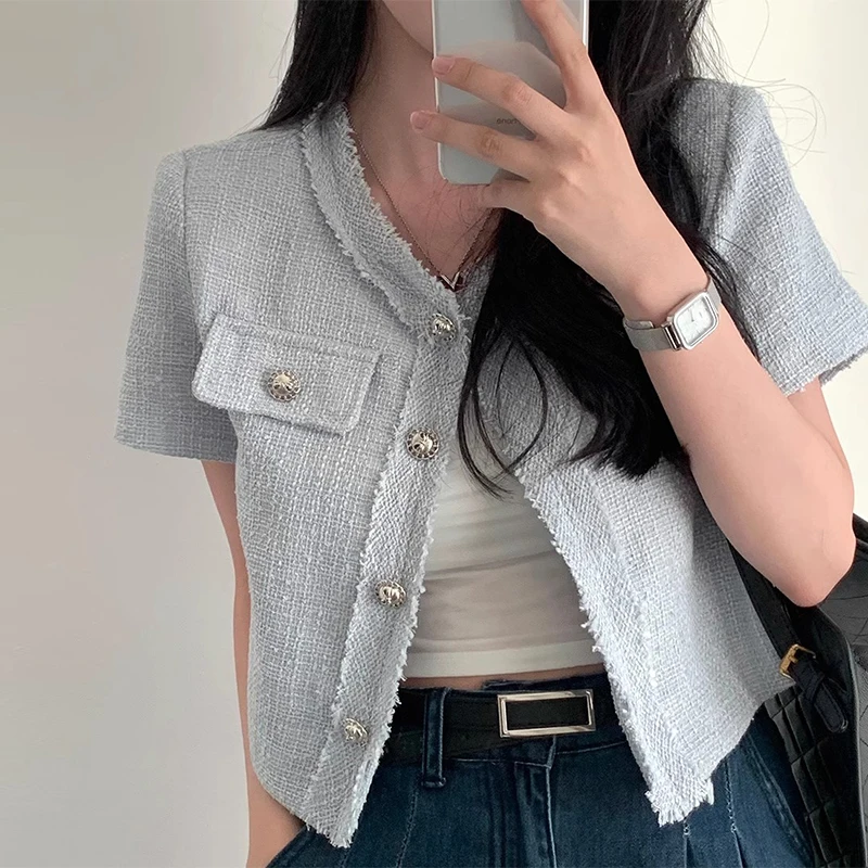 Jaet d'été Chic pour femmes, coupe ample, revêtement ort Sve, avec boutons épissage, tissage rugueux, vêtements d'extérieur tendance et polyvalents