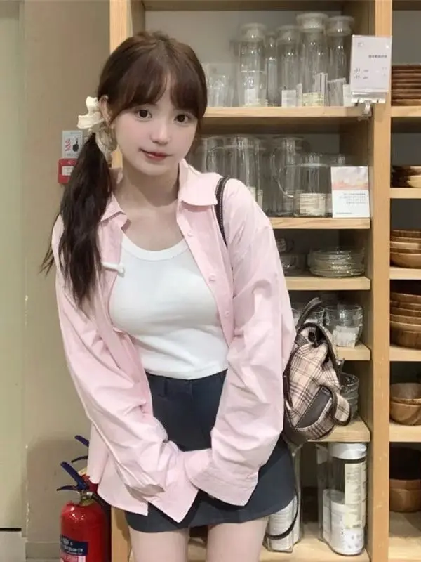 

Ретро японский Sle Long Sve Pink irt Женская свободная солнцезащитная верхняя одежда Корейский Sle Lazy Sle Top Cotton irt