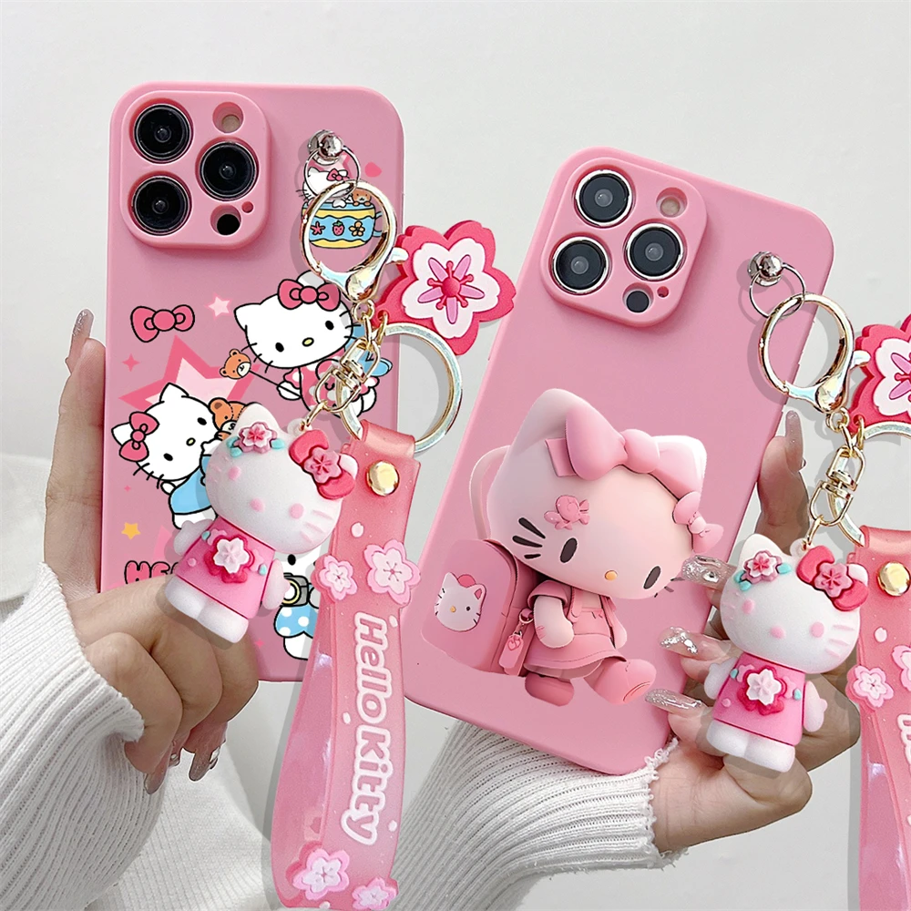 Soft Liquid Silicone Strap Cartoon Hello Kitty Phone Case For iPhone 16 15 14 13 12 11 Pro Max 16 Plus Full Protection Cover