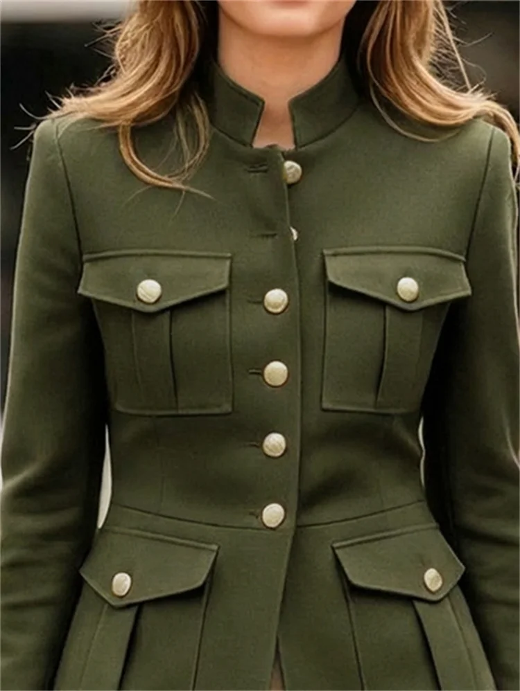UOOZEE Women's Military Style Jackets Army Green Stand Collar Gold Button Slim Fit Multi-Pocket Casual Office Blazer Outerwears 11 Sc1a962defa2c418384930349bcf76e28t