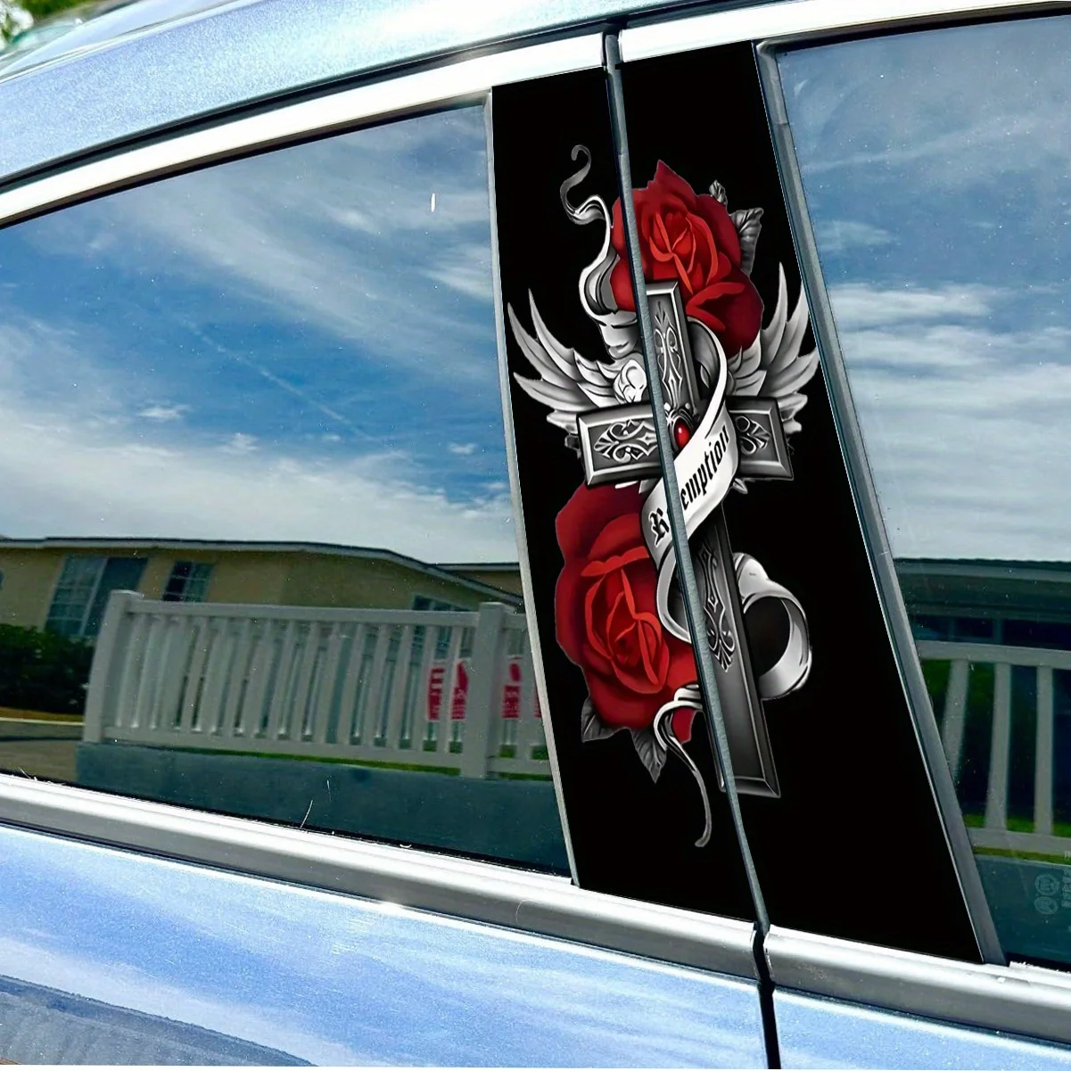 Angel Wings and Rose Redemption Cross - Waterproof PVC Door Sticker, Scratch Resistant, Easy to Stick to Cars