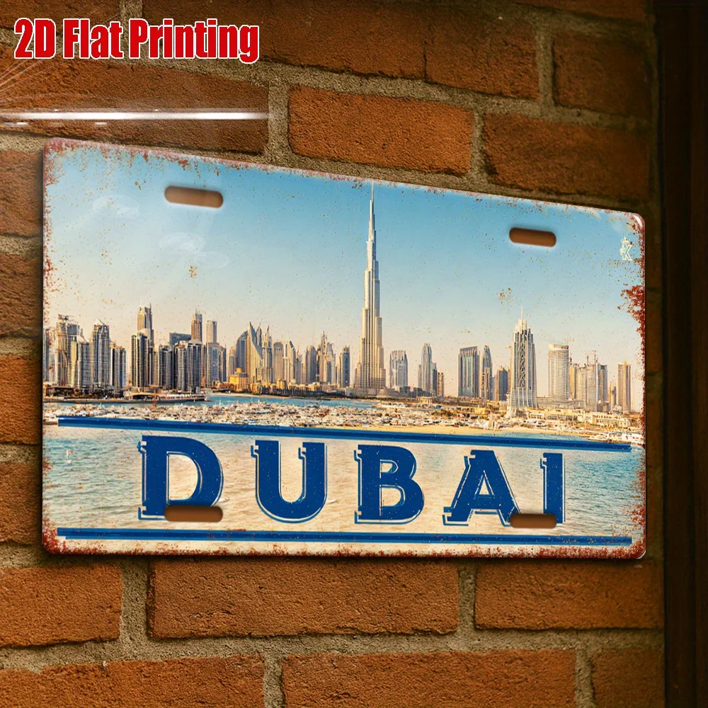 2D Flat - 1pc Dubai Skyline Glow Metal Sign | 2D Flat Printing, Aluminum, For Decoration Only, Outdoor Wall Art, 29.97cm * 14.99