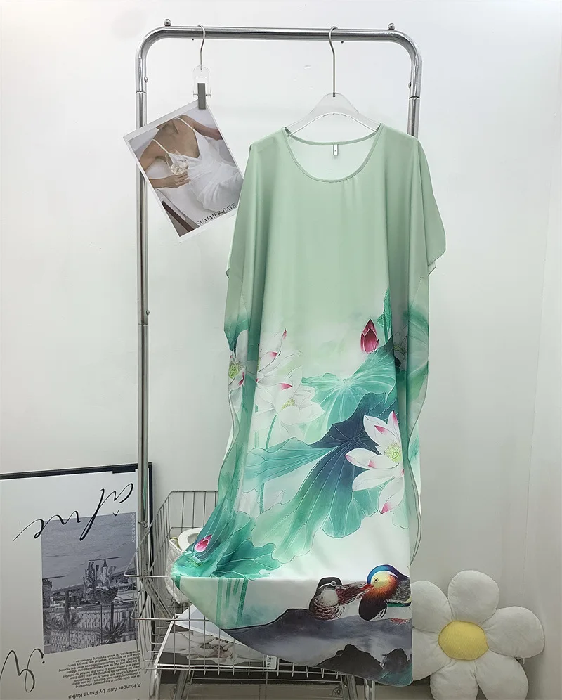 Summer New Women Casual Print Sleep Dress Silky Satin Nightgown Plus Size Dresses Women Chemise De Nuit Short Sleeve Home Dress 5