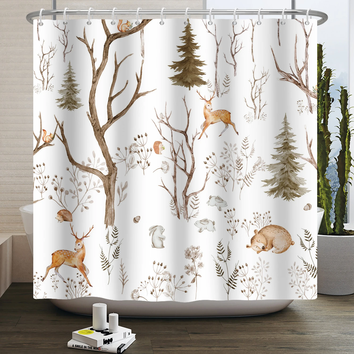 Rlsgjlkjk Forest Animals Shower Curtain jungle Trees Plant Wildlife Bird Bear Fox Deer Modern Minimalist Bathroom Shower Curtain