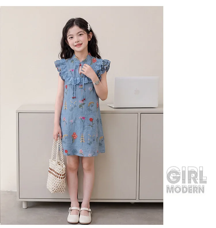 Girls New Chinese Flutter Sleeve Floral Dress 2026 Summer Blue Stand Collar Button Loop Improved Cheongsam Dress Chinese Style