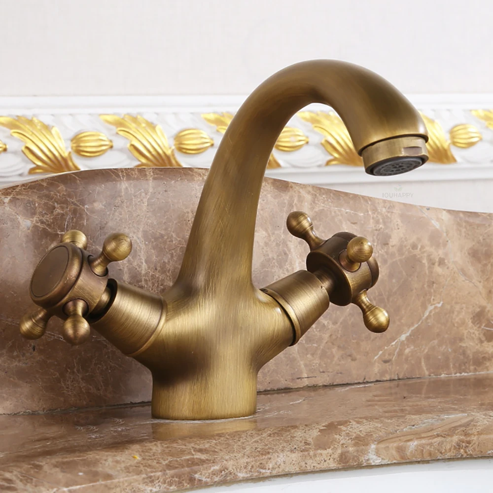 

Vintage Gold Sink Faucet Double Handle Washbasin Taps Deck Mounted Water Tap Brass Retro Bathroom Basin Faucet Home Accessories