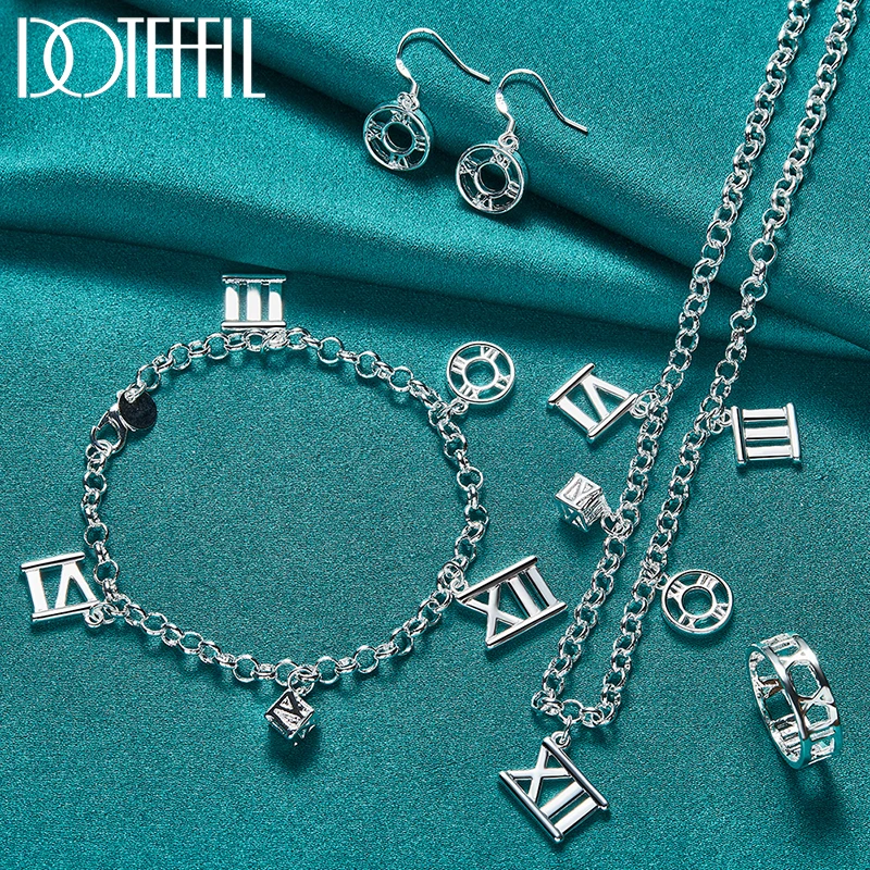 DOTEFFIL 4pcs 925 Sterling Silver Roman Numerals Earring Ring Bracelet Necklace Set For Woman Man Wedding Fashion Jewelry