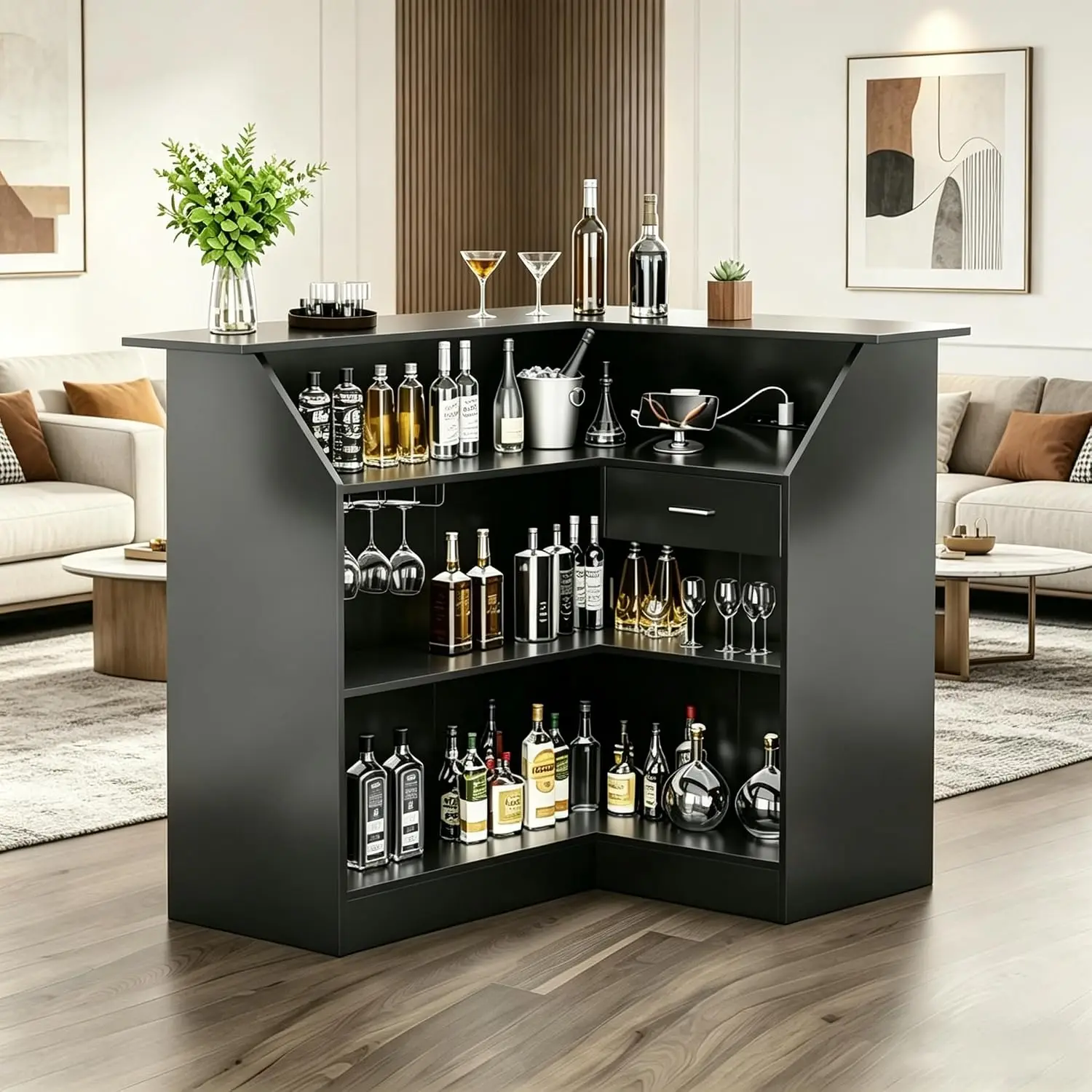 L-Shaped Corner Bar Cabinet, 4-Tier Liquor Storage with Outlet Drawer & Stemware Racks, Wine Desk for Pub  Basement, Customized