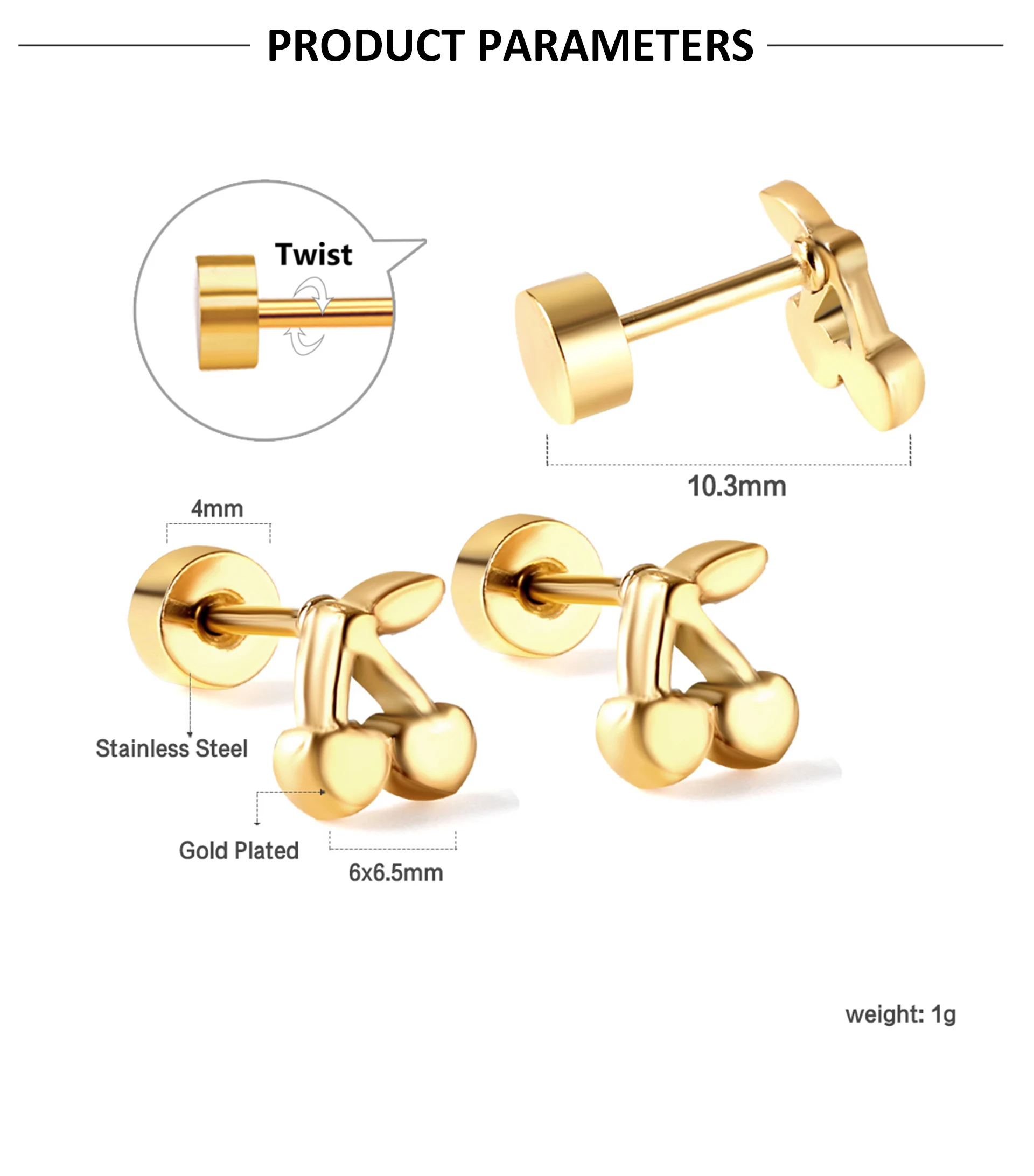 Nette Kirsche Casual Frauen Ohrringe Vergoldet Edelstahl Schraube Zurück Aretes De Mujer Ohr Stud Party Schmuck Geschenke Wasserdicht – Detail 1