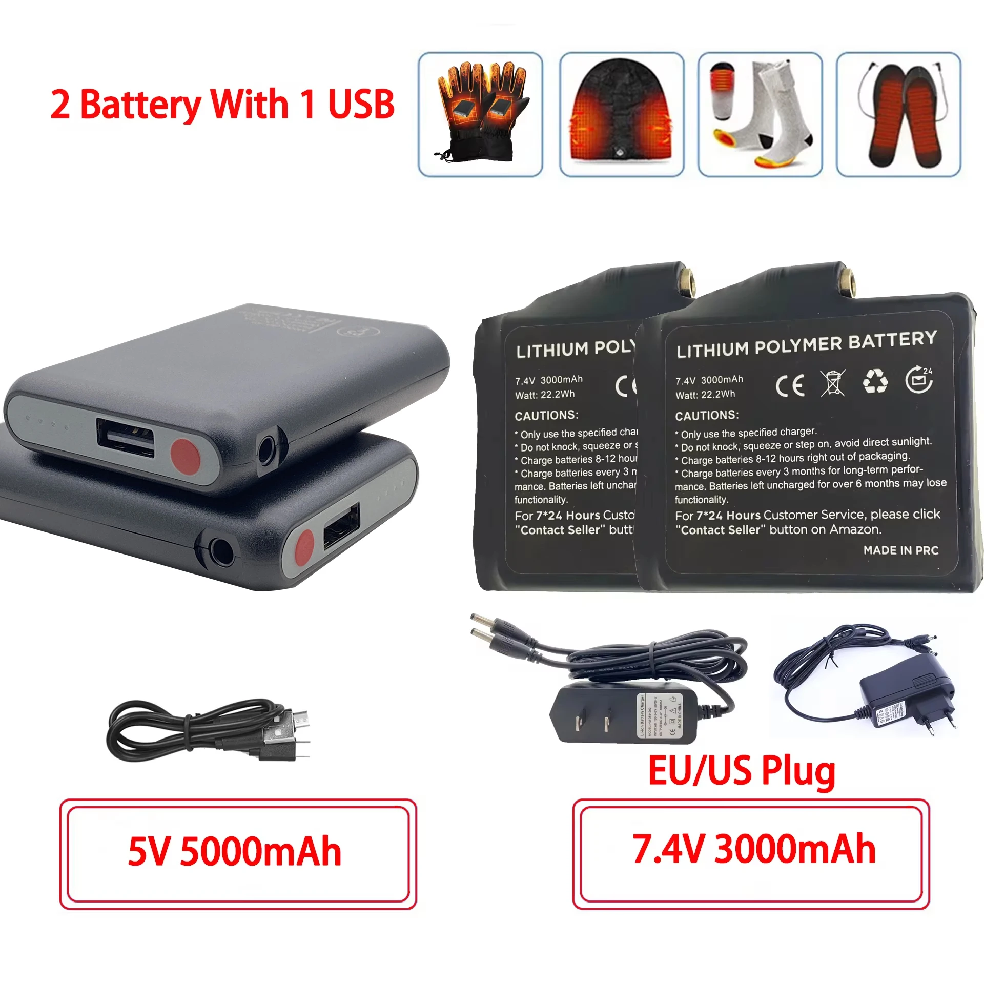 Winter Verwarmde Sokken Batterijen 7.4V 3000mah 5V 5000mah Li-Polymeer Batterij Packs Voor Warme Handschoenen kleding Hoed Oplader Power Bank