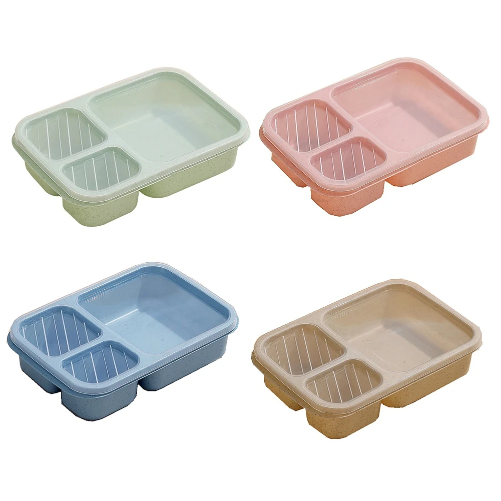 Wheat Straw Lunch Box Three-Compartment Bento Box Student Office Worker Restaurant Lunch Box Outdoor Portable Lunch Box