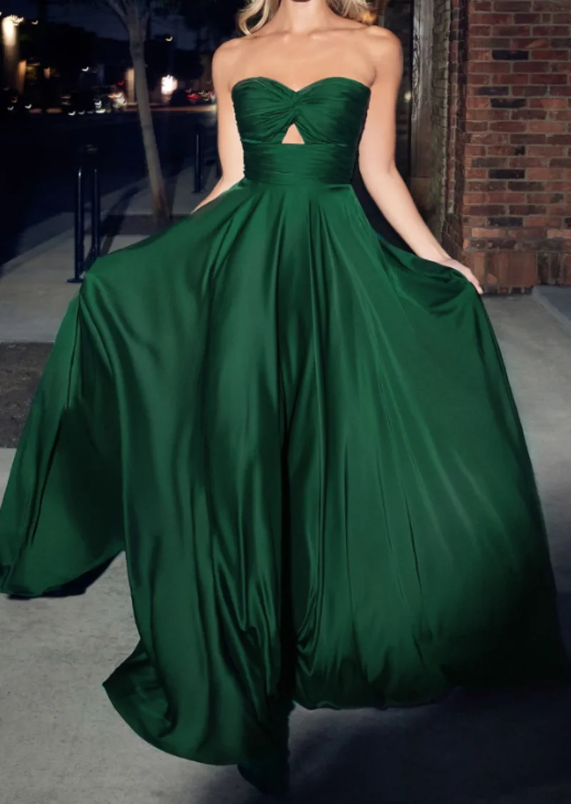 Customized Dark Green Strapless Evening Dress Pleated Long A-line Skirt Sashes Ssleeveless Party Gown