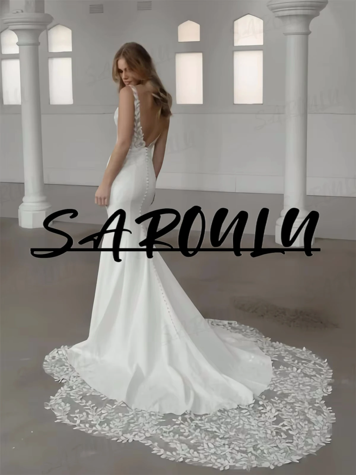 

Haute Couture Women's Wedding Dress Sheer Back Illusion Sheath Long Bride Dresses Customized Lace Court Train Bridal Gown