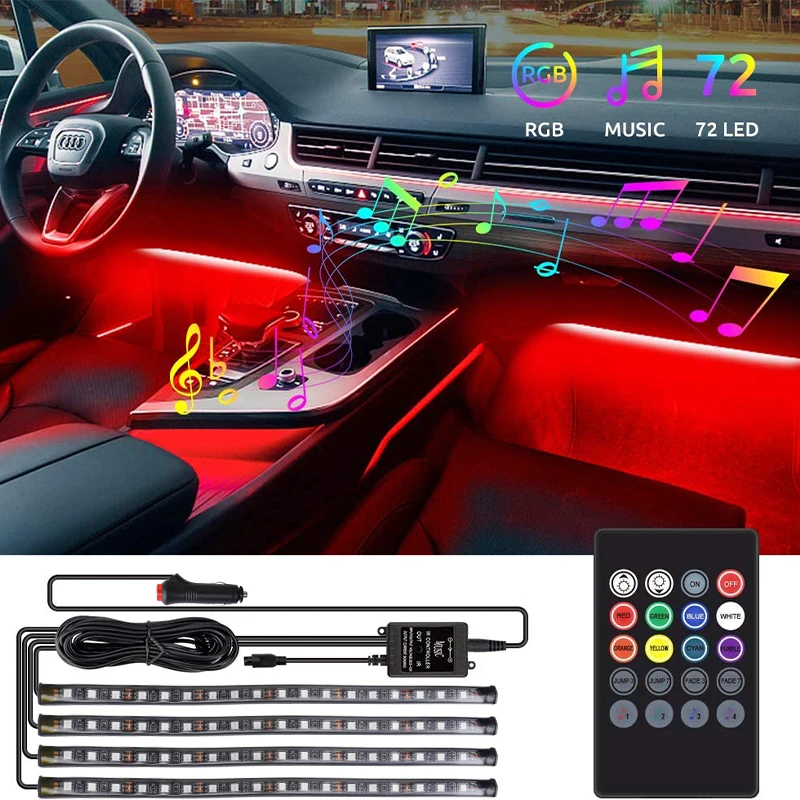 Car RGB Ambient Light LED Auto Foot Strips with USB Cigarette Automotive Interior Lights Strip Decoration Bar Remote/Voice Contr