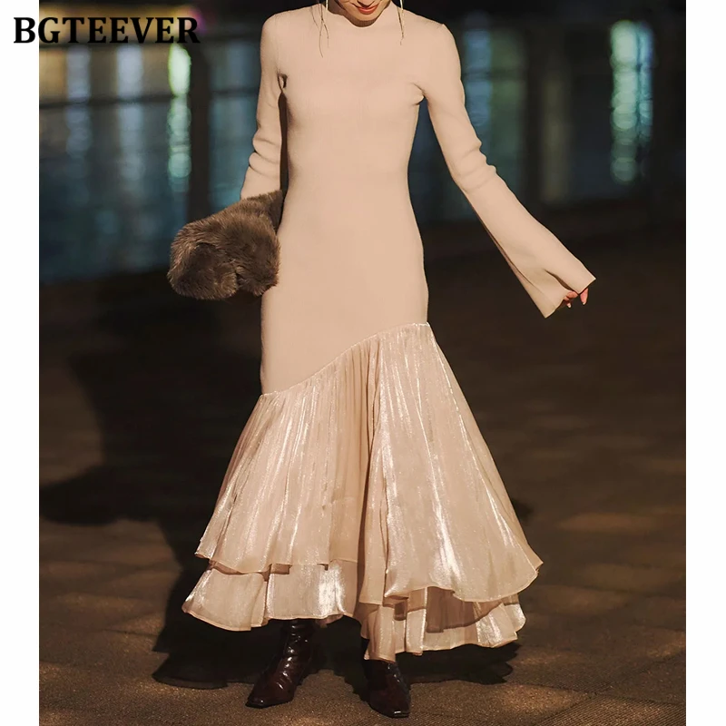 BGTEEVER Elegant O-neck Slim Female Patchwork Knitted Mermaid Dress Autumn Winter Long Sleeve Women Package Hip Sweater Dress