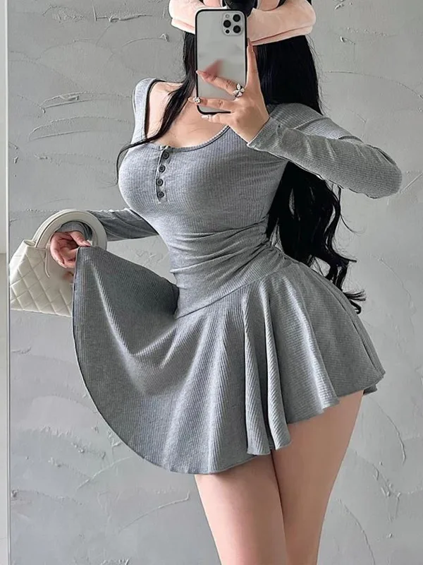 Shorts Set Pure Desire Ballet Style U-neck Fold Long Sleeve Dress Elegant High Waist Fashion Sexy Women Dress 2024 New WNX7