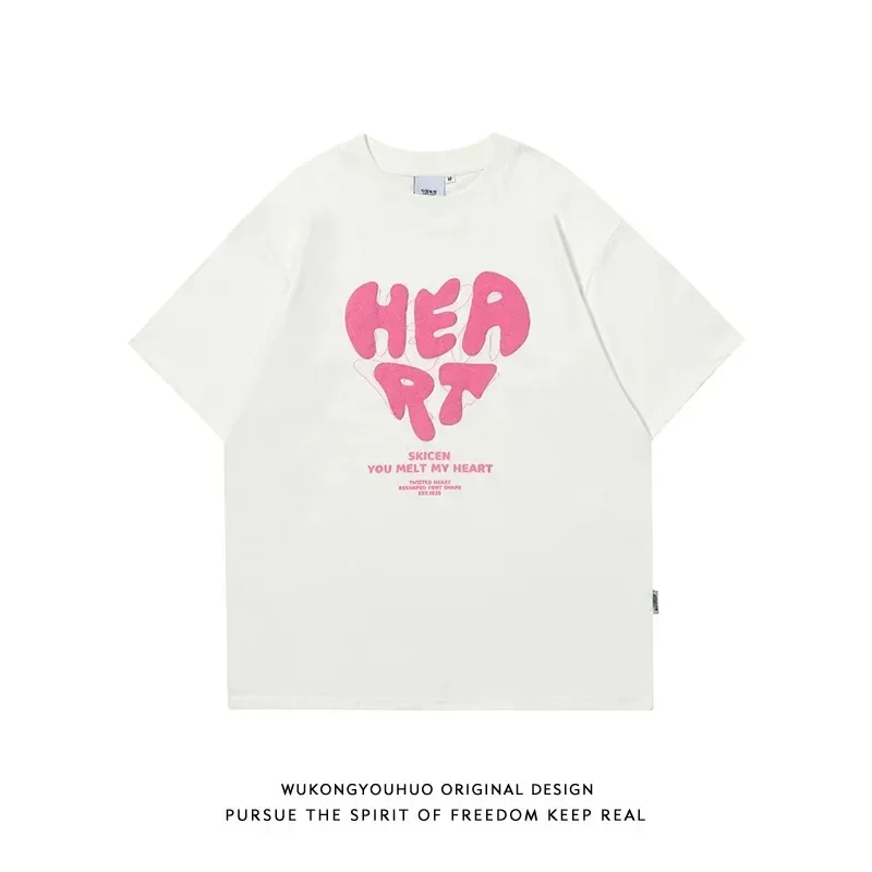 Harajuku Men T-Shirt Heart Sporty T Shirt 90s Summer Short Sleeve Tshirt Cotton Casual Tees Y2k Clothes Hip Hop Streetwear Tops