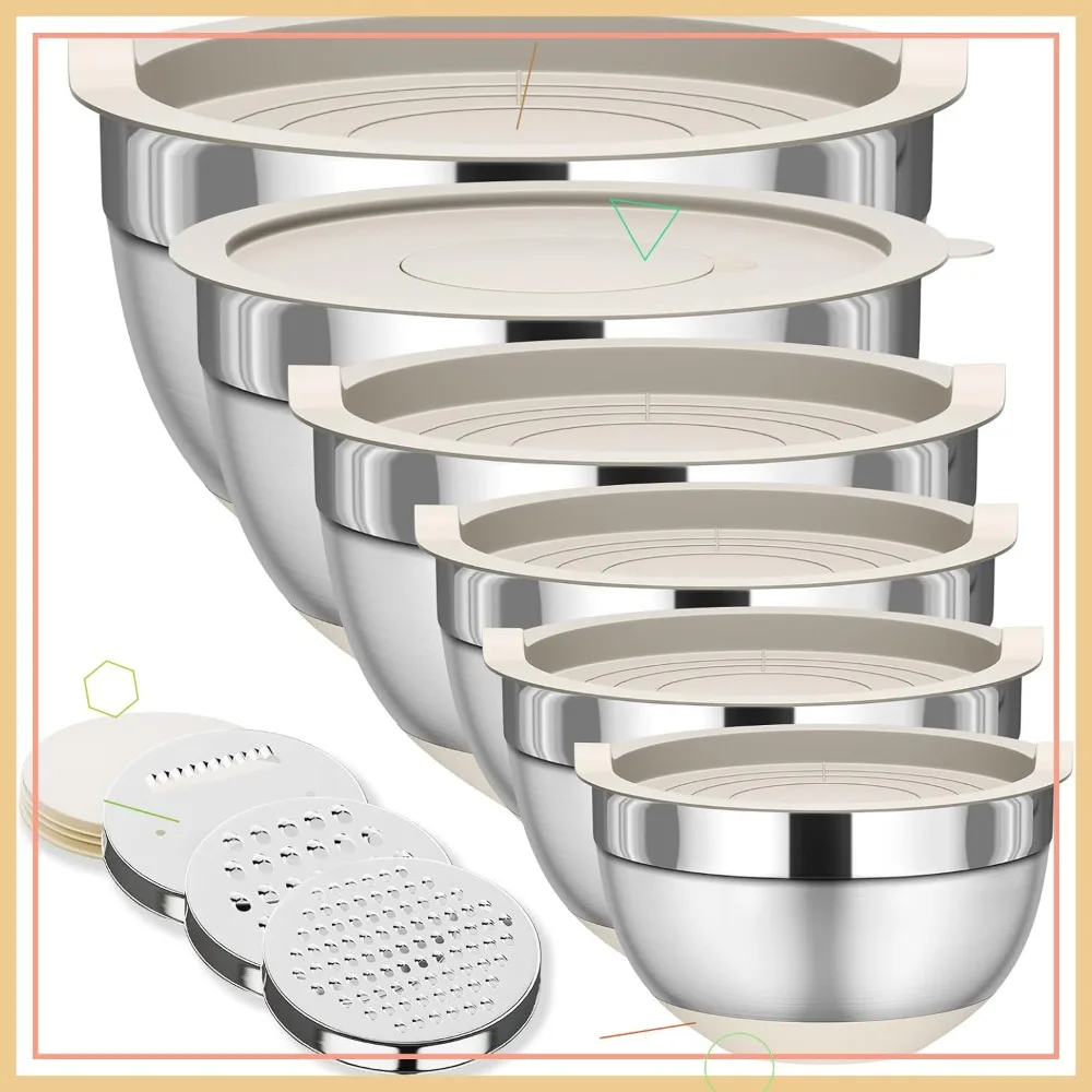 

Набор из 6 мисок для смешивания из нержавеющей стали с крышками, нескользящим дном и 3 терками для хранения на кухне