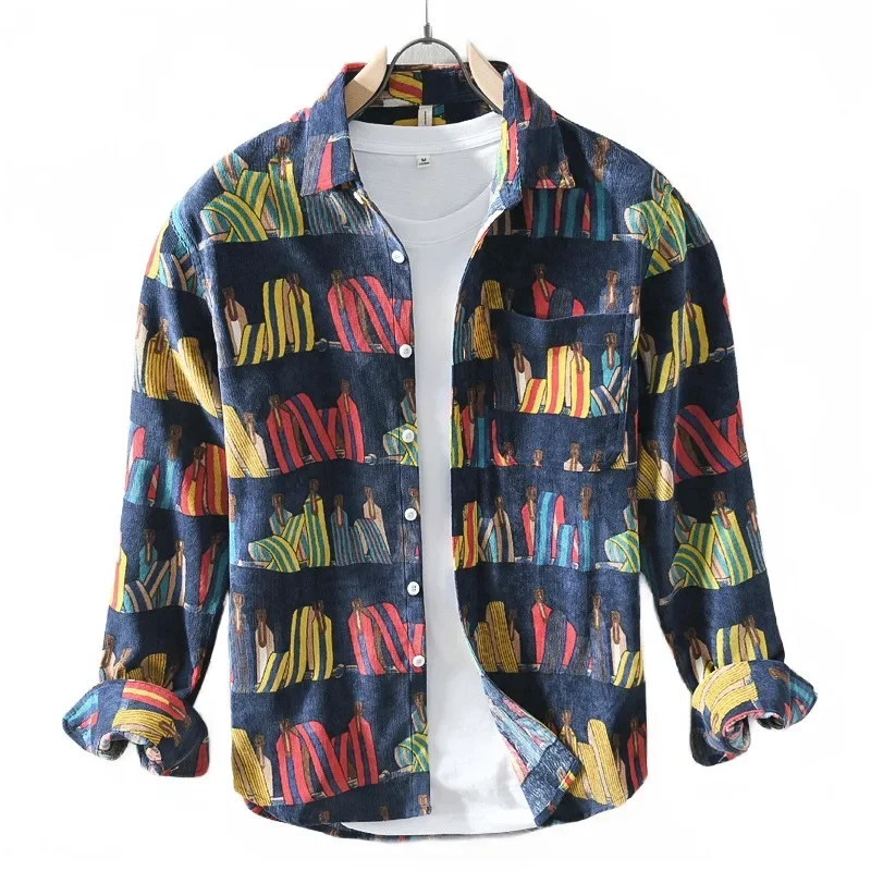 

Personalized printed Corduroy shirt for men, ruffian, handsome, relaxed, spring and autumn thin long sleeved shirt coat