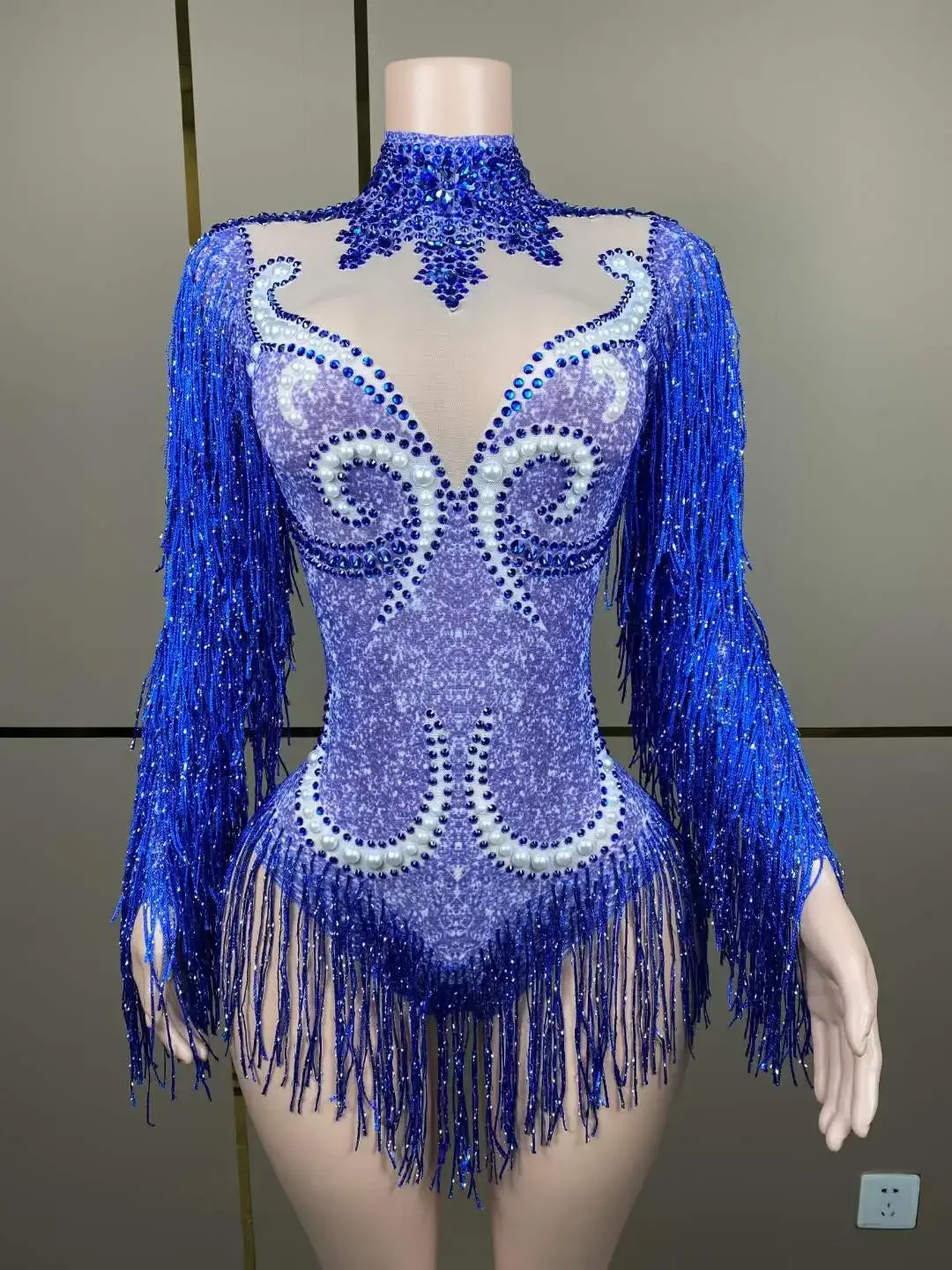 Gold Fringe Rhinestoneผู้หญิงBodysuits DJ DS Latin Jazz Leotard Dancerเชียร์ลีดเดอร์เวทีสวมใส่ถ่ายภาพProps Mardi Gras 2024