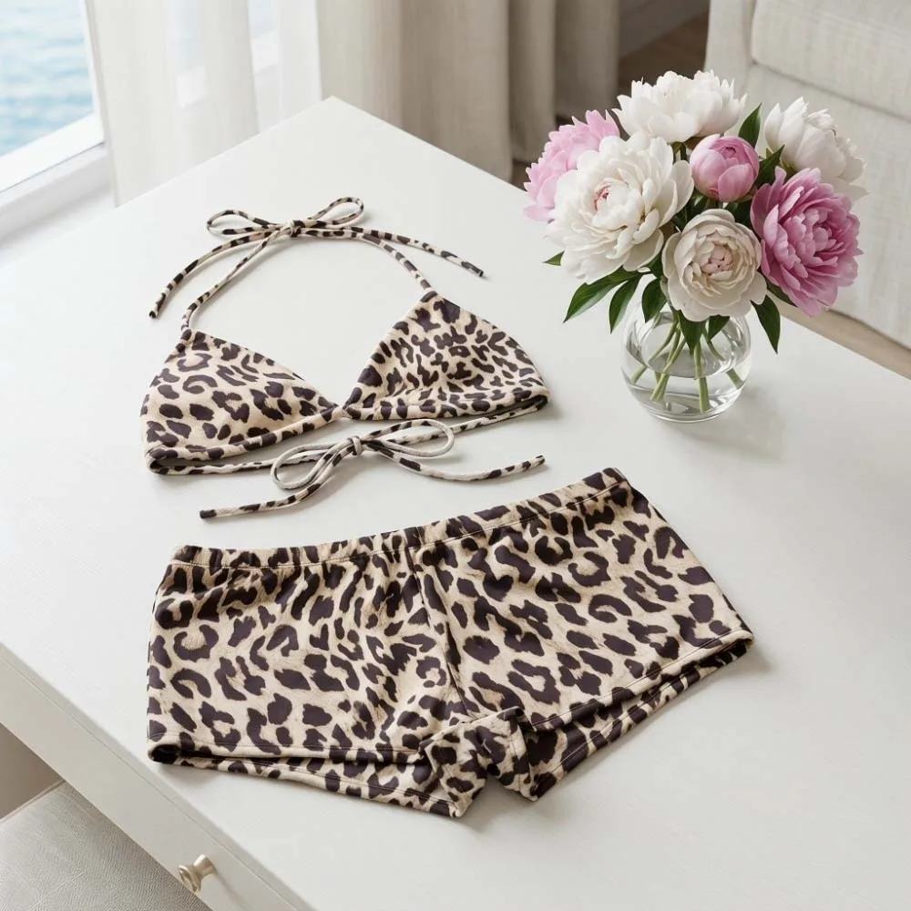 Hanging Neck Bikini Short Sleeve Leopard Swimsuit Leopard Print Hollow Out Crochet Knit Bathing Suit Pullover Sun Protection