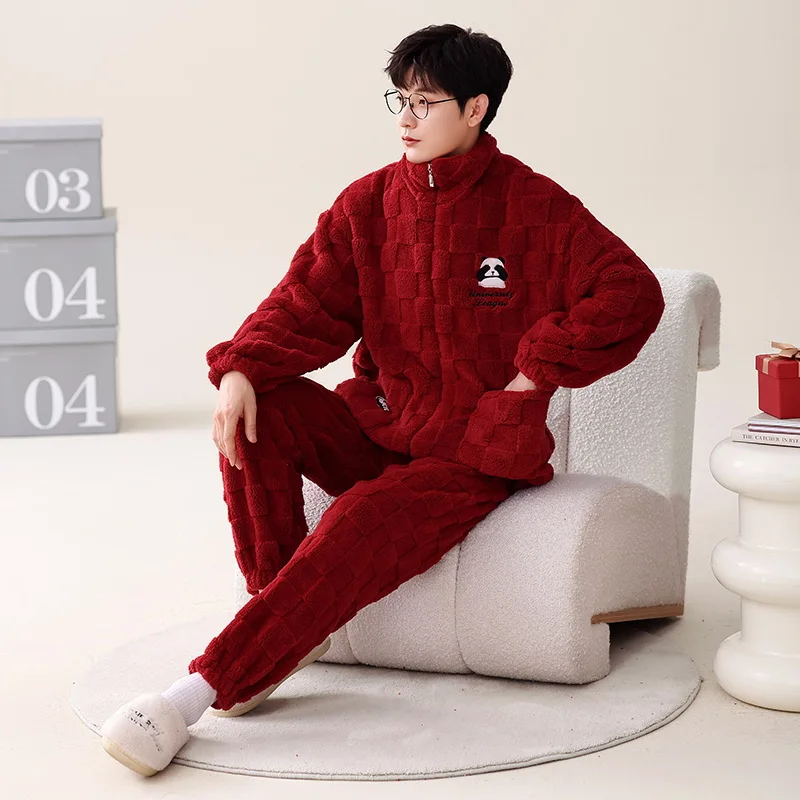 Red Color Loungewear for Men Married Winter Warm Pajamas Set Korean Fashion Zipper Nightwear Male Home Clothes pijama hombre