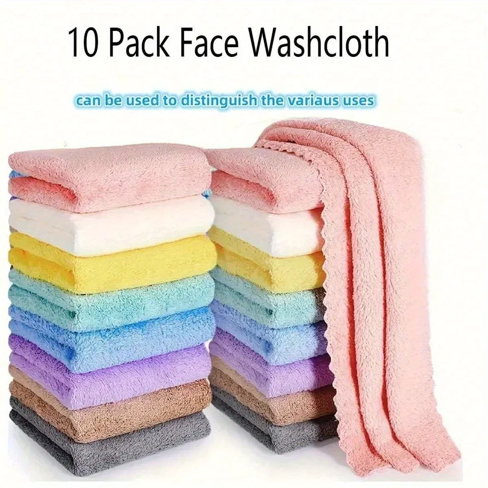 Set of 10 Soft Absorbent Washcloths in Solid Colors