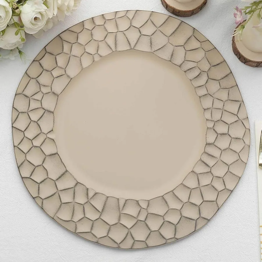 

13" Charger Plates Set of 24 Taupe with Hammered Rim Plastic Chargers Matte Finish Modern Disposable Round Acrylic Serving Tray
