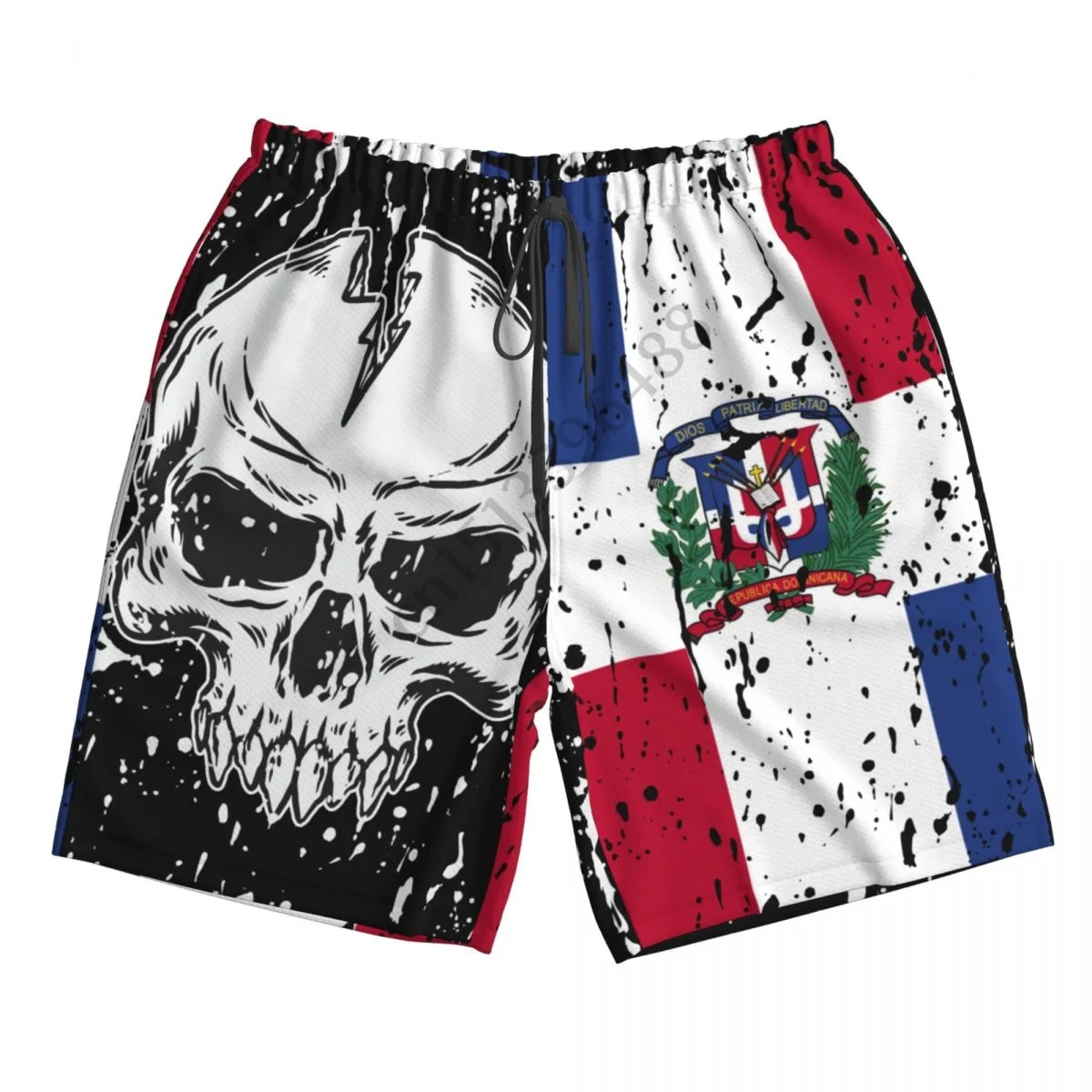 Dominican Republic Flag Vintage Skull Men's Novelty Swimtrunks Quick Dry 3D Printed Mesh Lining Beach Board Shorts with Pockets