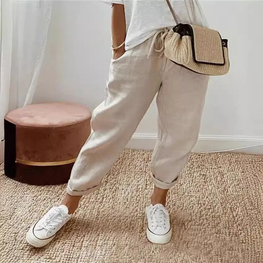 Summer Cotton Linen Pants Women's Vintage Casual Solid Color Bottom Pocket High Wasit Pants Fashion Casual Loose Pencil Pant