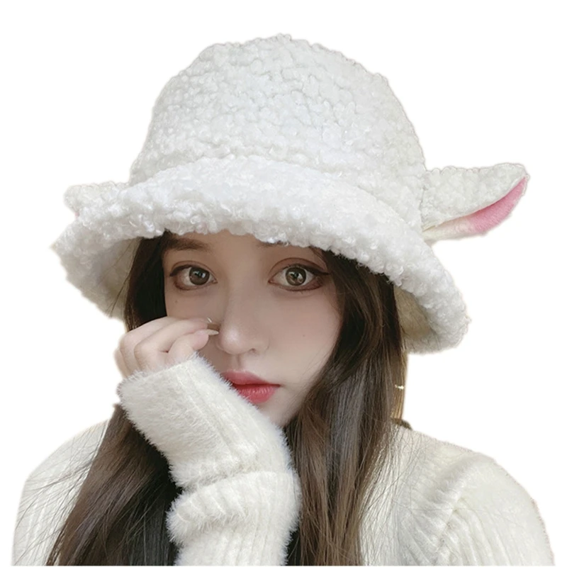 Women Bucket Hat Vintage Winter Sheep Ear Plush Panama For Women Warm Faux Fur Soft Female Fisherman Sun Hats 2022 trend