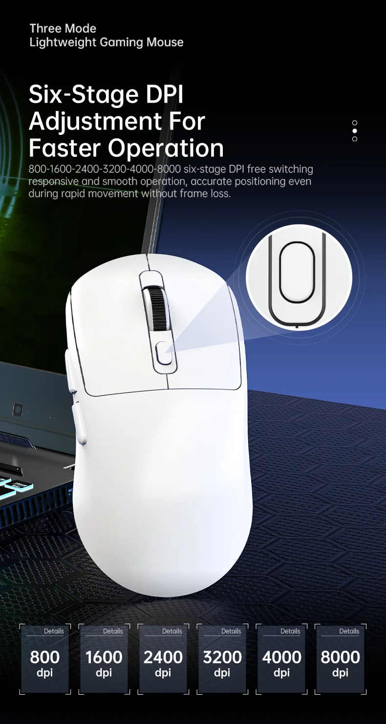 KEBIDUMEI Kabelgebundene/2,4 GHz/BT kabellose Gaming-Maus, 8000 DPI, 6 Stummschalttasten, wiederaufladbare Maus, leichtes Design, Mäuse für Bürospiele – Detail 5