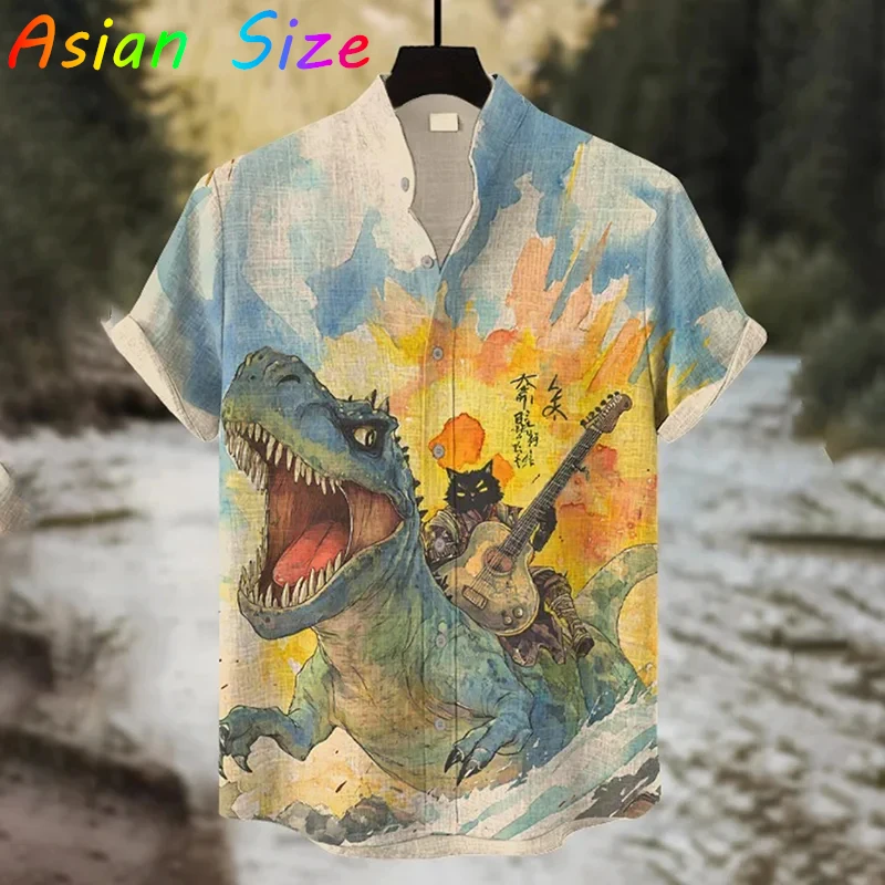 

Мужская винтажная рубашка-камиса 2026 года с японским котом и динозавром, с коротким рукавом, в стиле Y2K, повседневная, ретро-дизайн, блузка