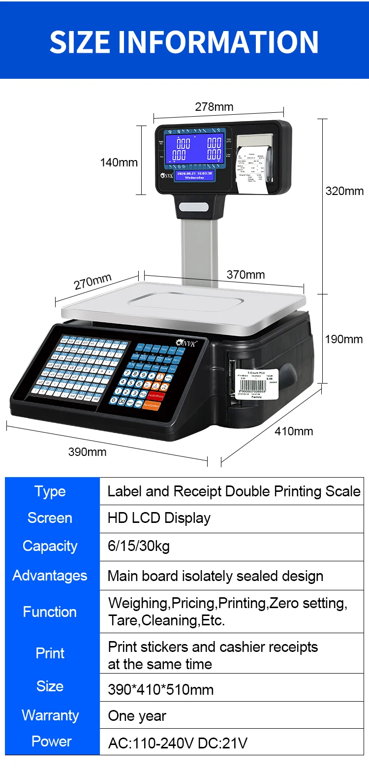 Barcode Label Printing Scale For Supermarket 30kg Receipt tickets Scale with WIFI Two modes support simultaneous printing