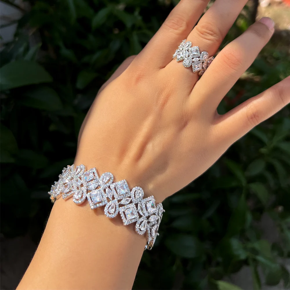 CWWZircons 5A Kubisches Zirkonia Luxus Verstellbarer Offener Armreif Hochzeits-Braut-Armreif und Ring Schmucksets für Frauen T748 – Detail 2