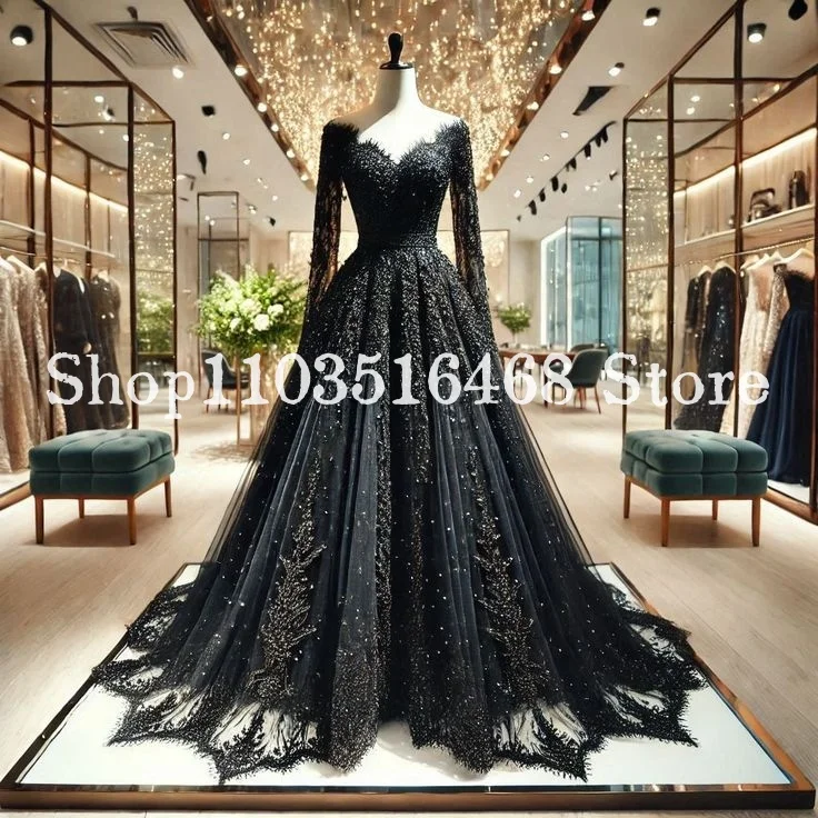 Luxuriöse Gothic-Abschlussball-Hochzeitskleider in Schwarz, sexy V-Ausschnitt, Spitzenapplikationen, lange Ärmel, verträumte viktorianische A-Linie, lange individuelle Brautkleider