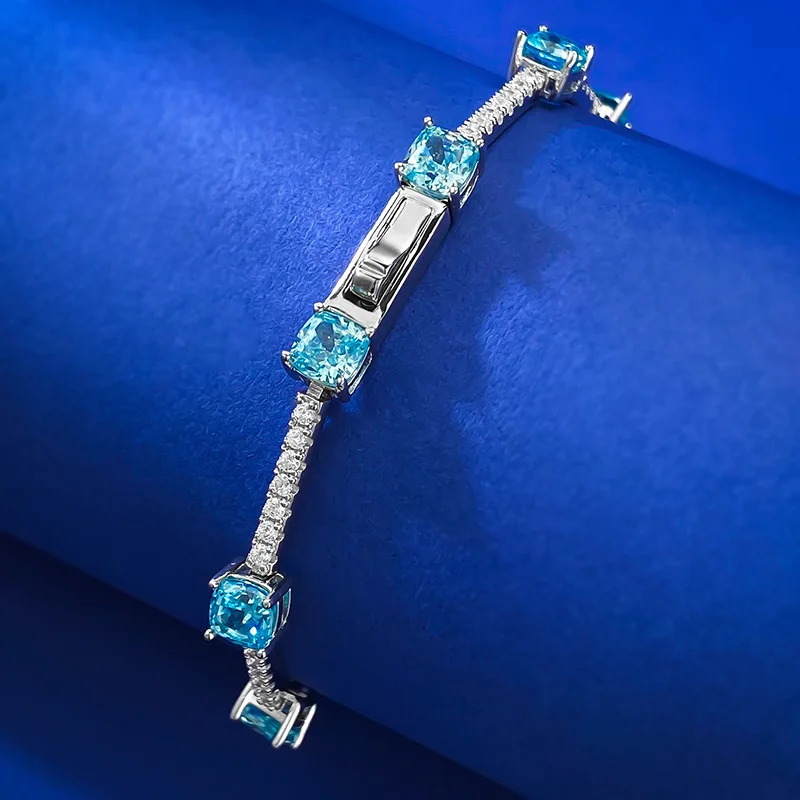 New S925 Silver Imported High Carbon Diamond 5 * 5 Sea Blue Diamond Ice Flower Cut Bracelet for Women, Simple and Exquisite