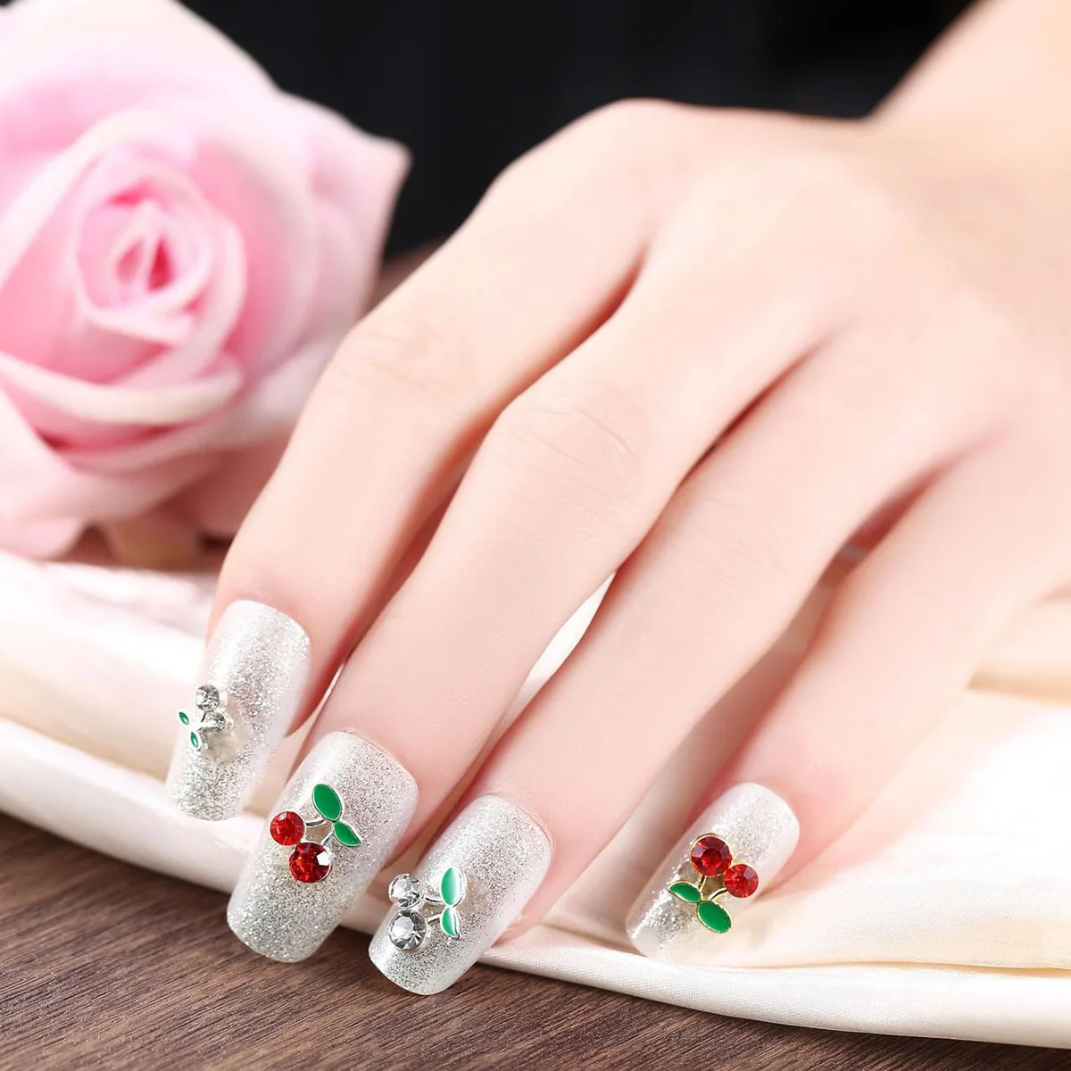 20pcs 3D Cherry Design Nail Charms Red Cherry Crystal Rhinestone Nail Gems Glitter Diamond Stud Fruit Nail Art Decoration