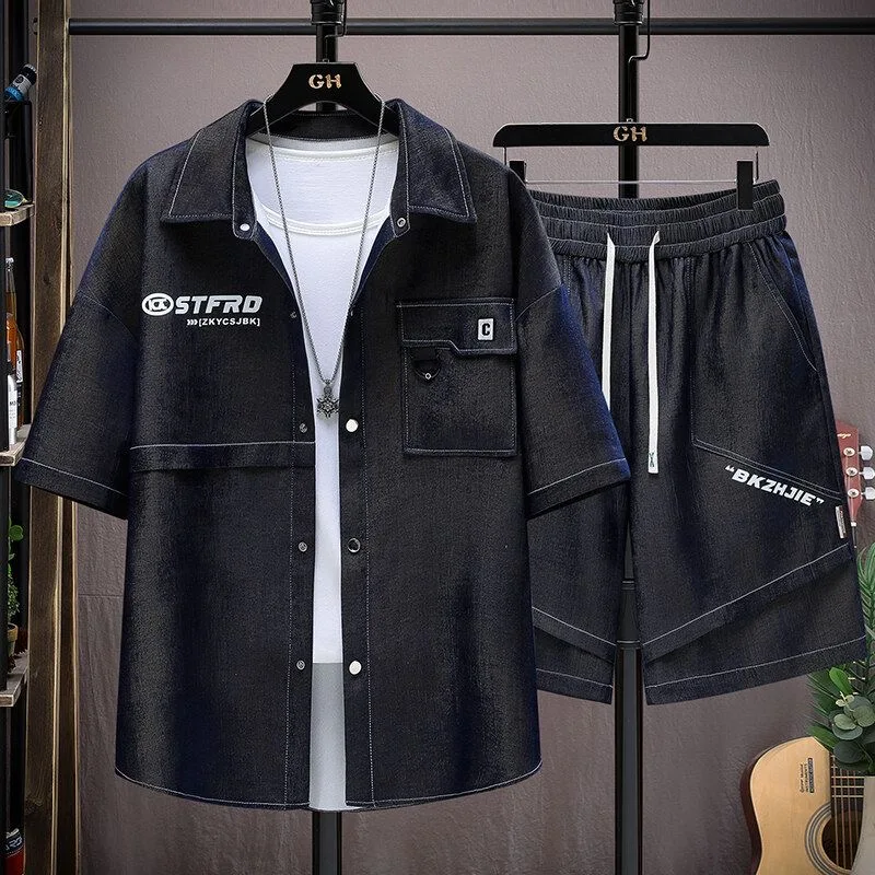 New Summer Classic Fashionable Sports Fitness Breathable Short Sleeve Shirt Set Men's Casual Loose Plus Size Two-Piece Set - view 3