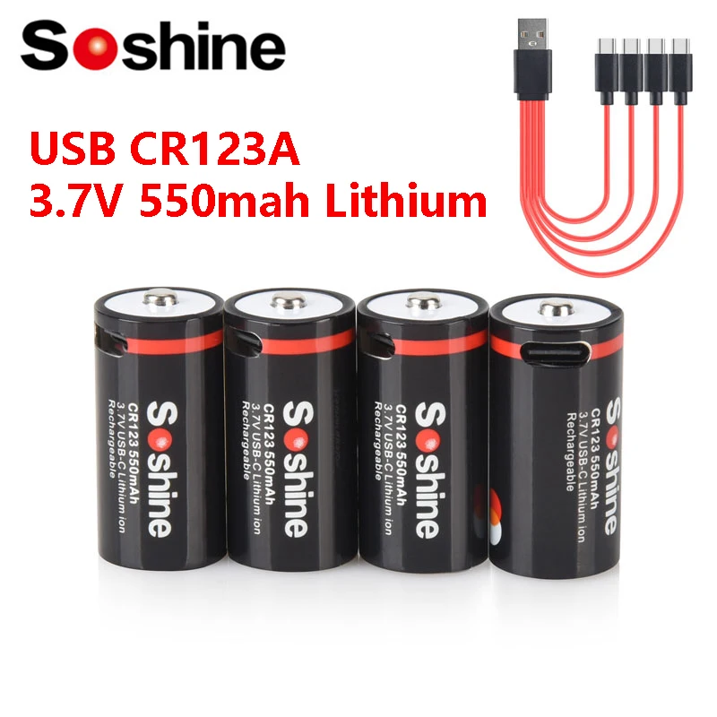 Soshine CR123 USB Lithium Batteries 550mah 3.7V 16340 16350 Rechargeable Battery RCR123 CR123A 550mah Battery with USB Cable