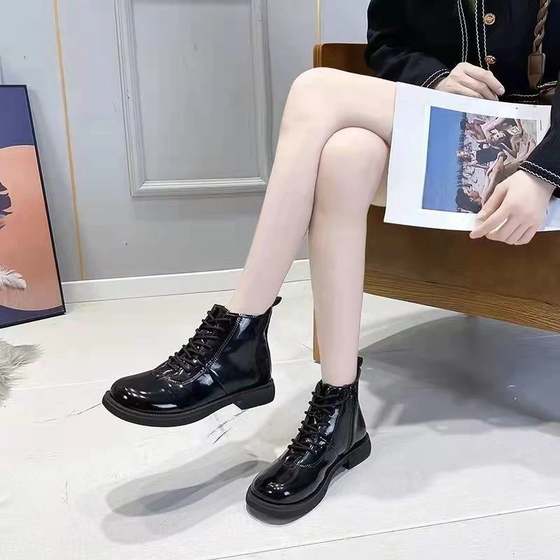 Black Short Shoes for Women Female Ankle Boots Lace-up with Laces Leather Round Toe Footwear Booties Comfortable and Elegant Y2k