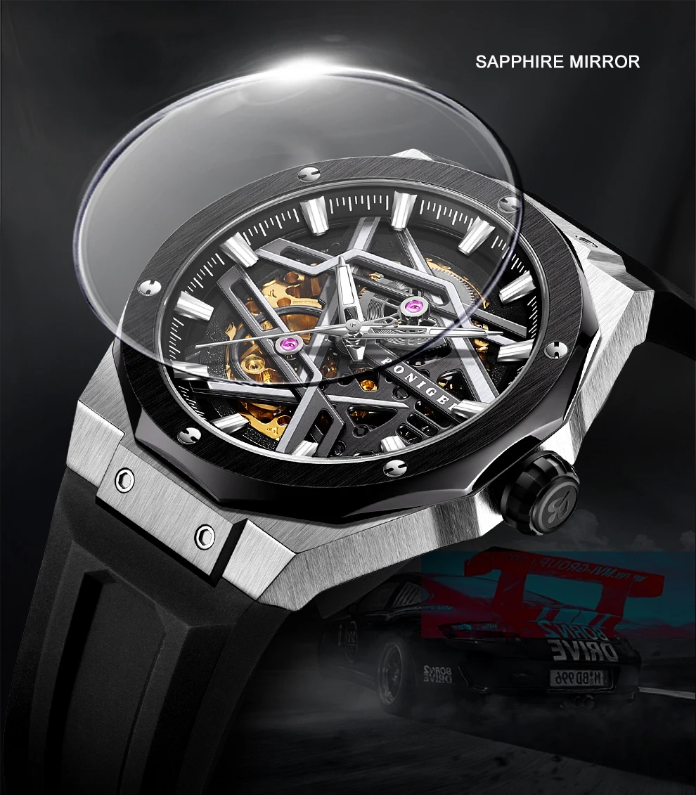 PONIGER Orologio automatico da uomo 42mm Orologio da polso meccanico sportivo Zaffiro luminoso 5ATM Quadrante scheletrato impermeabile Cinturino in caucciù