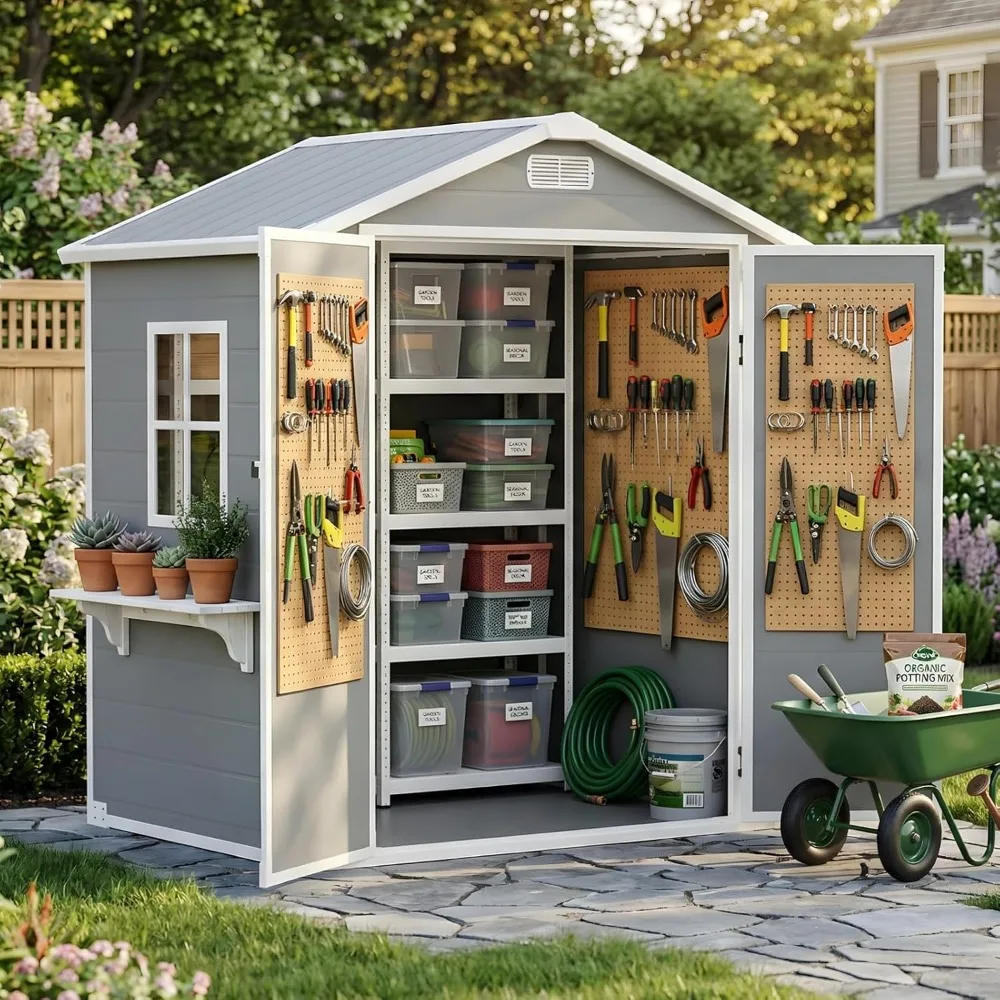 

6x4 FT Outdoor Storage Shed,Resin Storage Shed with Floor/Window/Vent/Roof Rainwater Drainage/Lockable, Customized