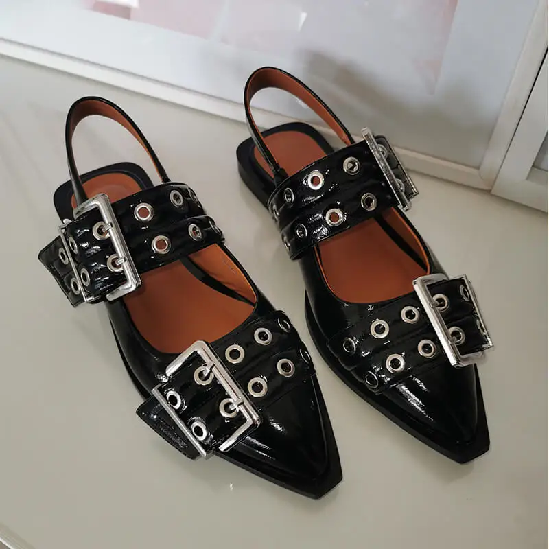 Richealnana Women Black Pointed Toe Belt Buckle Slingback Flats Comfortable Punk Retro Mary Jane Female Shoes