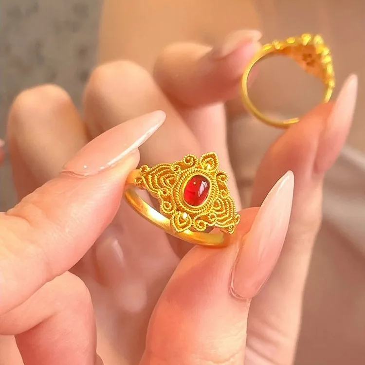 Middle Ages Luxury Flower Threads Lingering Around Rings Gold Plated Red Crystal Stone Engagement Wedding Ring Antique Jewelry