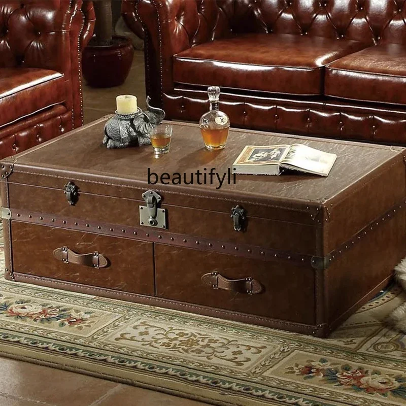 American retro leather box  light luxury rivets old cigar bar storage cabinet oil wax leather box coffee table cabinet