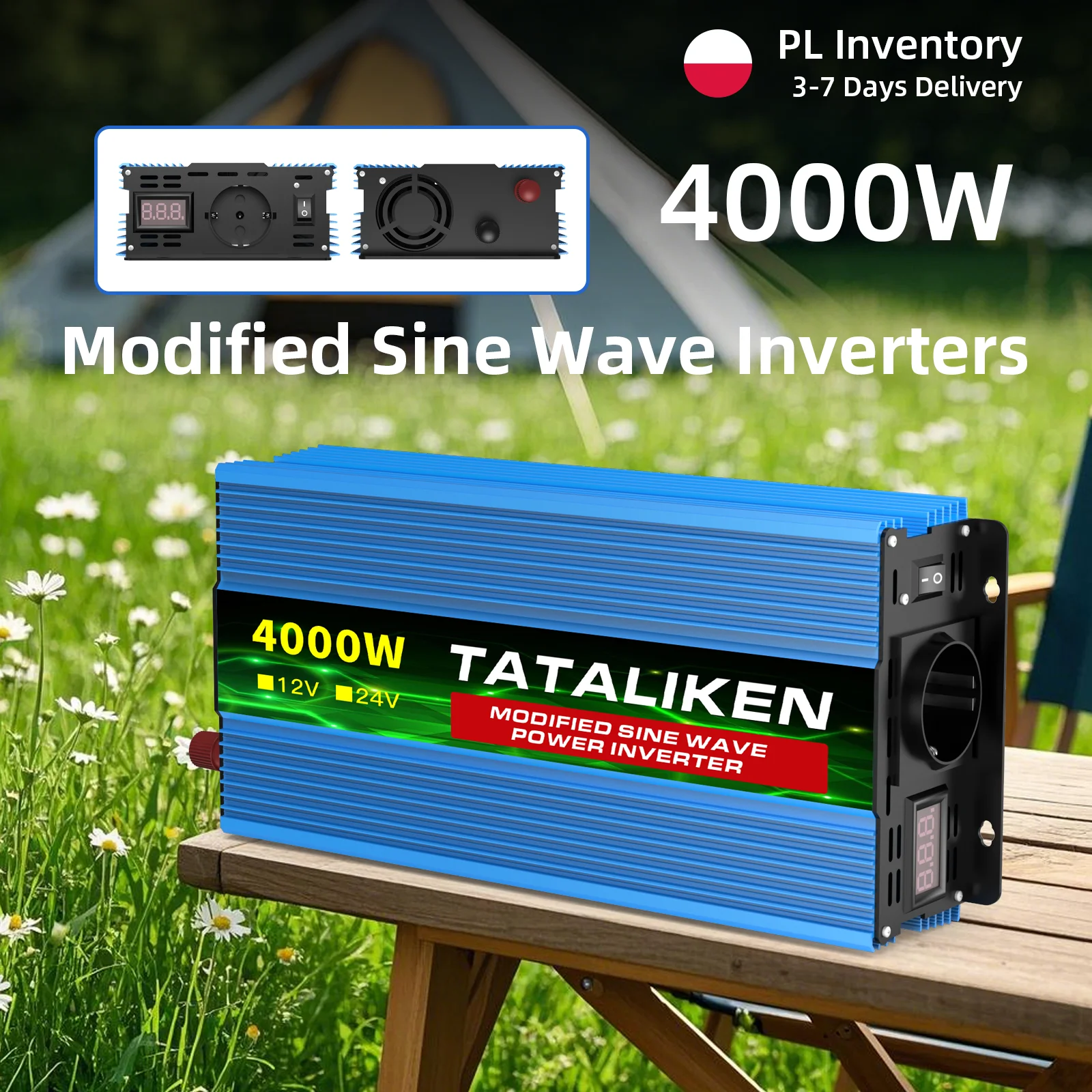 Inverter 4000W da 24V a 220V con Voltmetro Digitale e Controllo Temperatura per Ventilatore, Fotocamera, Laptop, Ricarica Auto e Camion