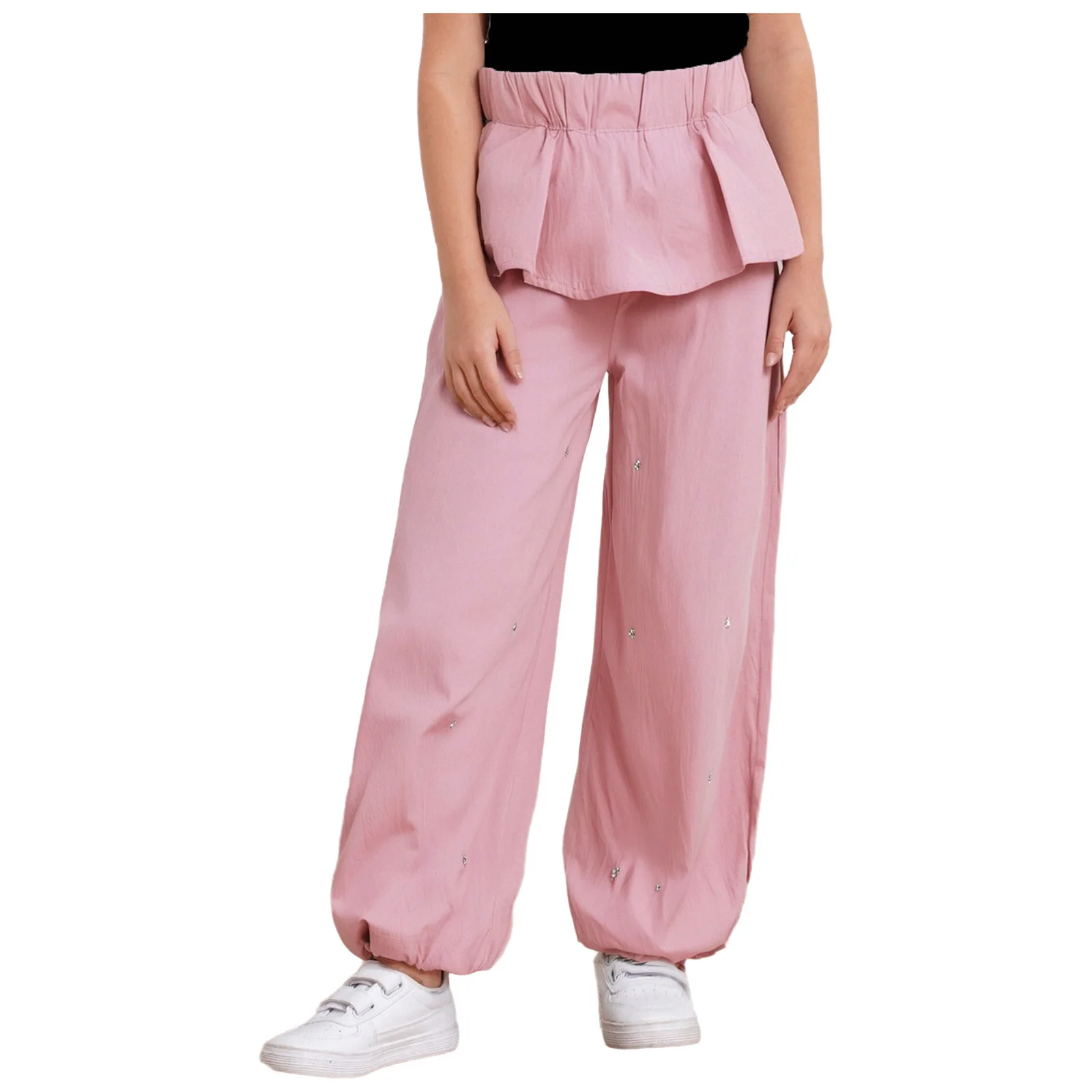 

Kids Girls Cargo Pants Casual Cute Bowknot Peplum Wide-Leg Pants High Waist Star Studs Trousers for Picnic School Holiday Sport