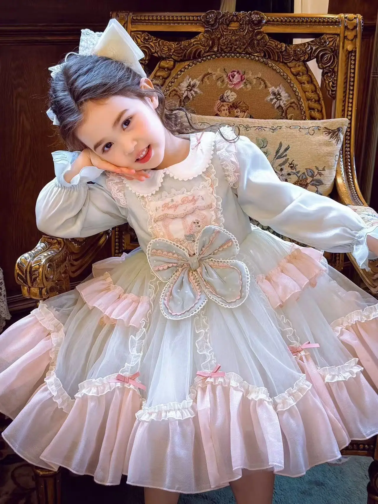 

Girls' Spring and Autumn New Lolita Sweet Bear Embroidery Birthday Princess Dress 90-150CM